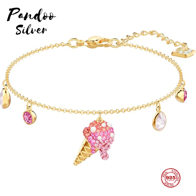 

PANDOO Fashion Charm Pure 925 Silver Original 1:1 Copy, Cute Pink Ice Cream Exquisite Wild Bracelet Female Luxury Jewelry Gifts
