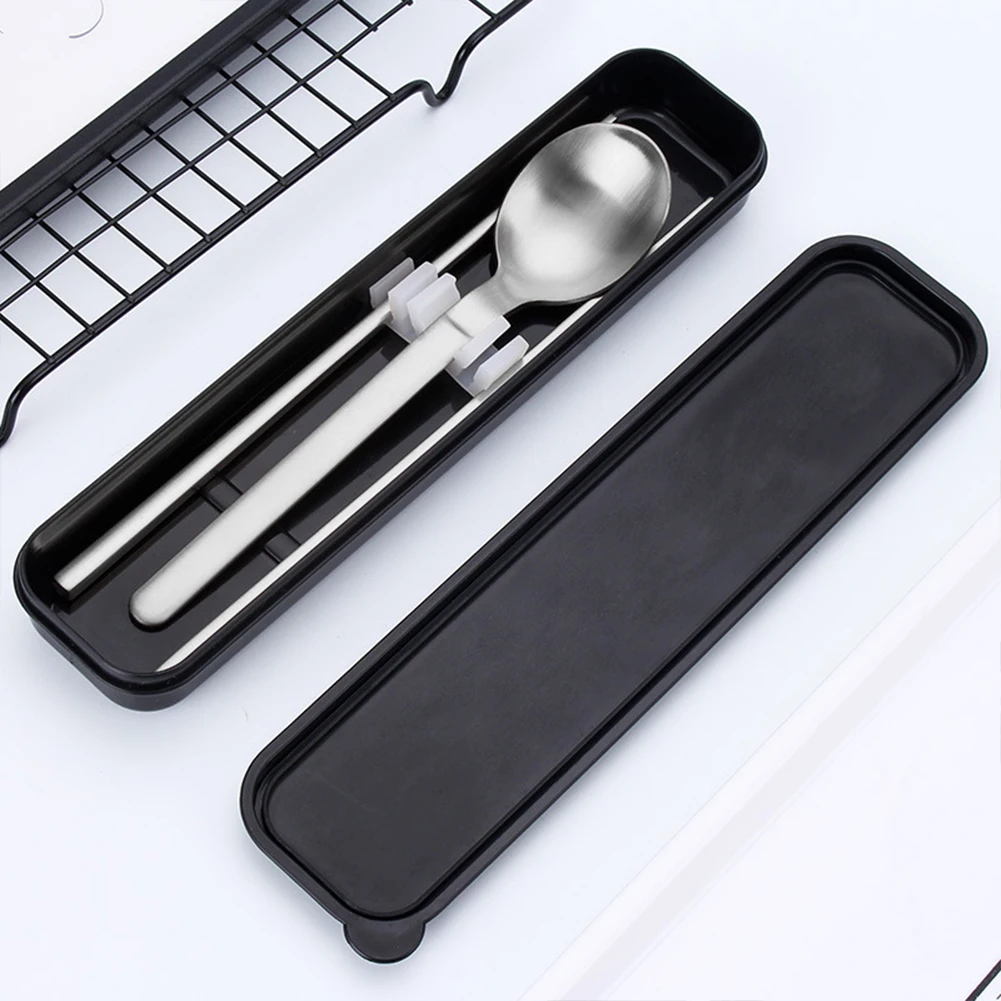 True Color Gifts School With Box Portable Travel Kitchen Outdoor High End Cutlery Stainless Steel Chopsticks Students Spoon Tableware Set - Color: True Color