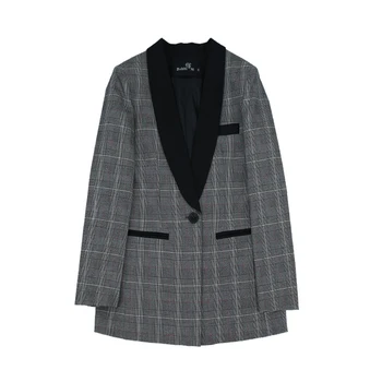 

Vintage Elegant Long Blazer Women Plaid Suit Jacket Coat Double Breasted Blazer Femme Pockets Tops Outwear Female 2019