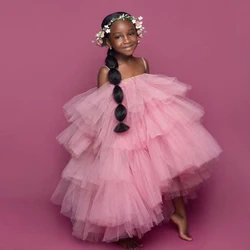 New Pink Ball Flower Girl Dresses For Wedding Spaghetti Ruffles Tiered Toddler Pageant Skirt Daughter First Communion Gowns