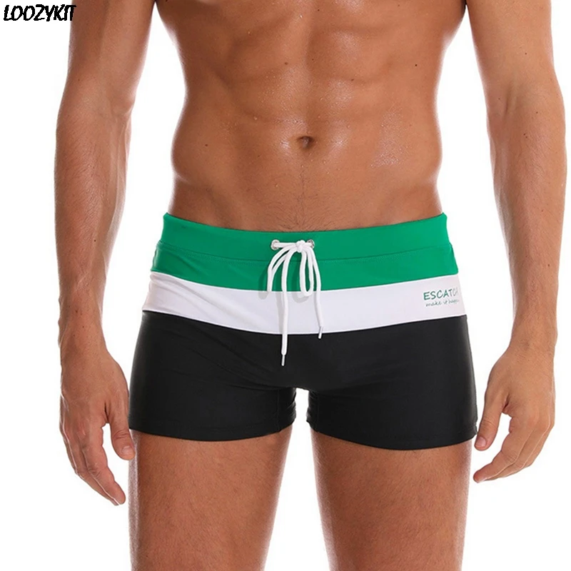

Summer 2020 Men's Swim Trunks Quick Dry Drawstring Patchwork Boxer Briefs Swimwear Stretch Male Borad Beach Shorts Bottoms