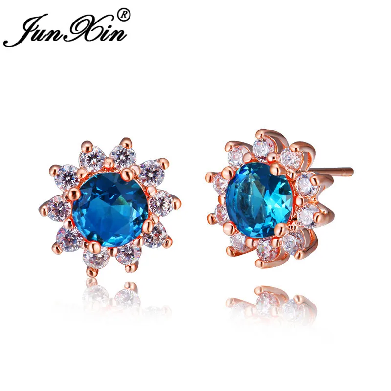 Blue Green Милые серьги в форме подсолнечника, два тона, зеленый, синий камень, радуга, огненный кристалл, свадебные серьги-гвоздики для женщин, розовое золото, серьги, ювелирное изделие, Cz - Окраска металла: Blue Green