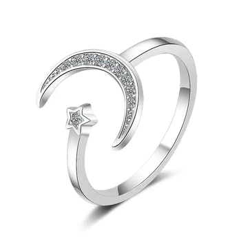 

100% 925 Solid Real Sterling Silver Fine Jewelry Moon Star CZ Cocktail Opening Ring Sizable For Women Girl Gift 2020