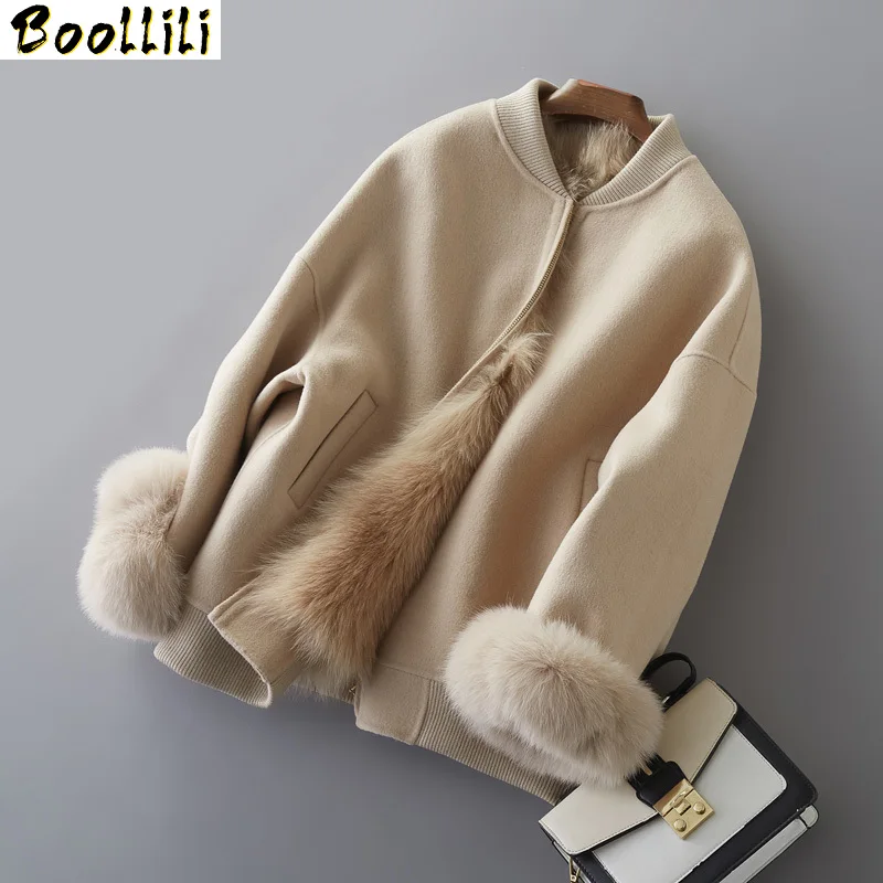 

Boollili Real Wool Coat Female Jacket 2020 Autumn Winter Jacket Women Fox Fur Liner Alpaca Woolen Coats Korean Outwear