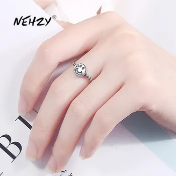 

NEHZY 925 Sterling Silver New Woman Fashion Jewelry High Quality Retro Simple Black Smiley Open Ring Adjustable Size