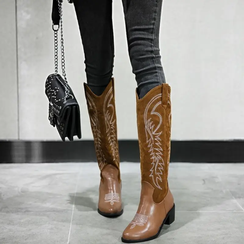 RIZABINA/ г. Новые сапоги до колена модные высокие сапоги с вышивкой зимняя теплая обувь на среднем каблуке с круглым носком женская обувь, размер 33-46