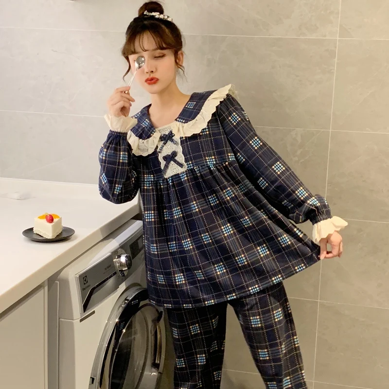Осень 2020 Повседневный хлопковый пижамный комплект в клетку с длинным рукавом для