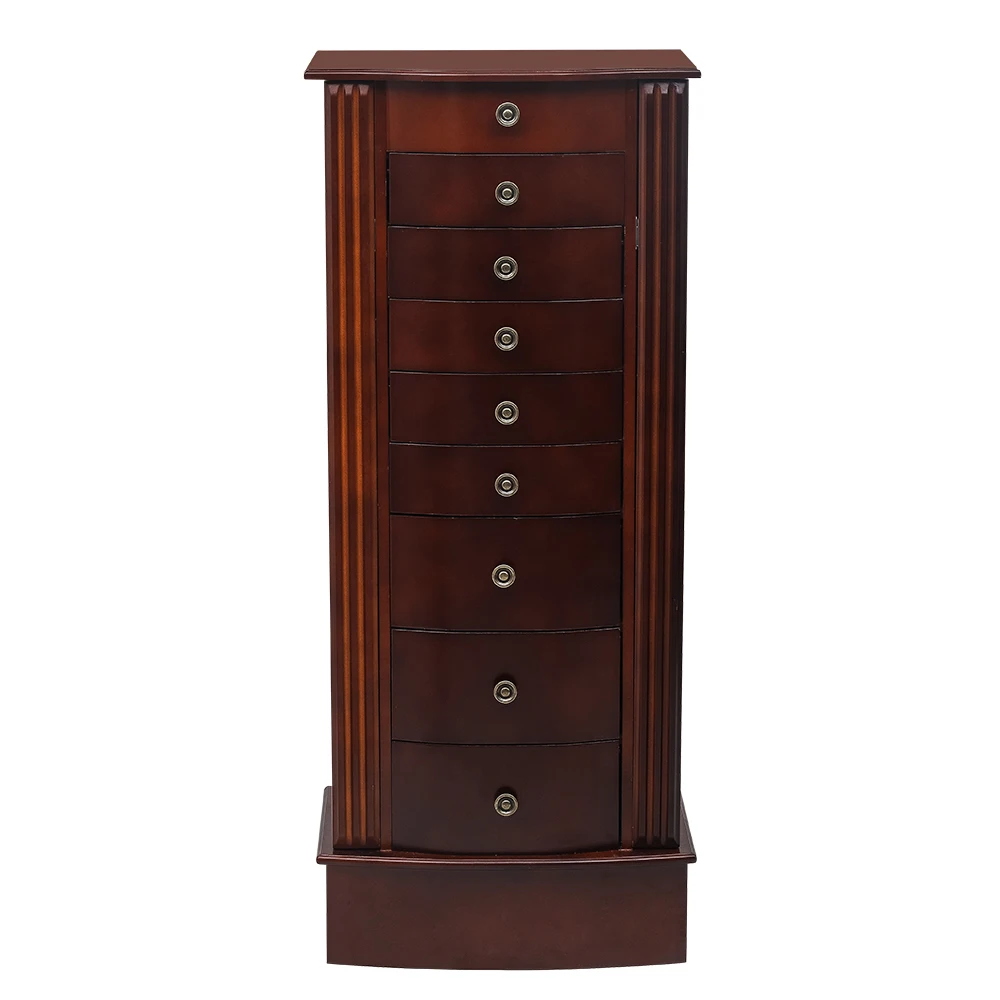 

Wooden Jewelry Cabinet Box Storage Floor-standing Bracelet Necklace Wood Walnut Stand Organizer 9-layer 8 drawers Mirror Cabinet