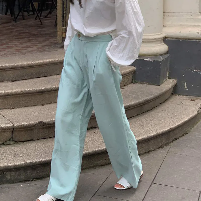 

Pants Menthol Green A Button Simple High-waisted Slim Broad-legged Suit Pants Fake Zippers Full Length Pants Women 2019