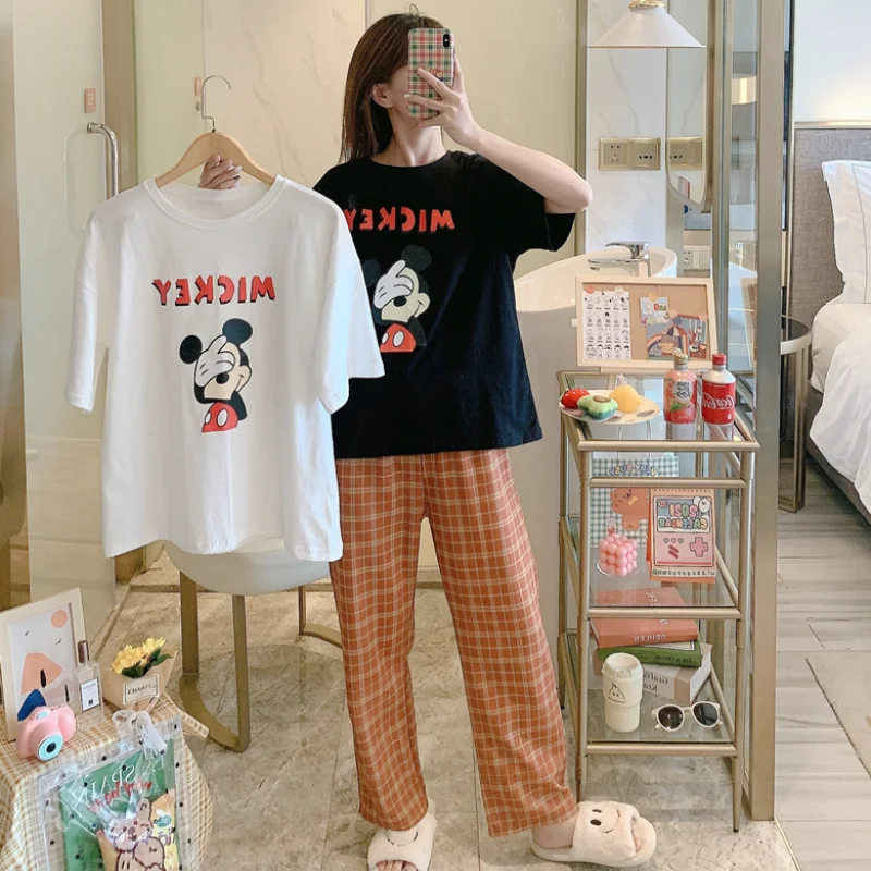 

Disney Anime Mickey Mouse Pajama Sets for Ladies Summer 2021 Tops and Striped Pants Casual Sleepwear Pijamas Conjuntos De Mujer