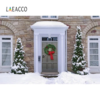 

Laeacco Christmas Tree Wreath Snow Door Photography Backgrounds Winter Scenic New Year Photographic Backdrops For Photo Studio