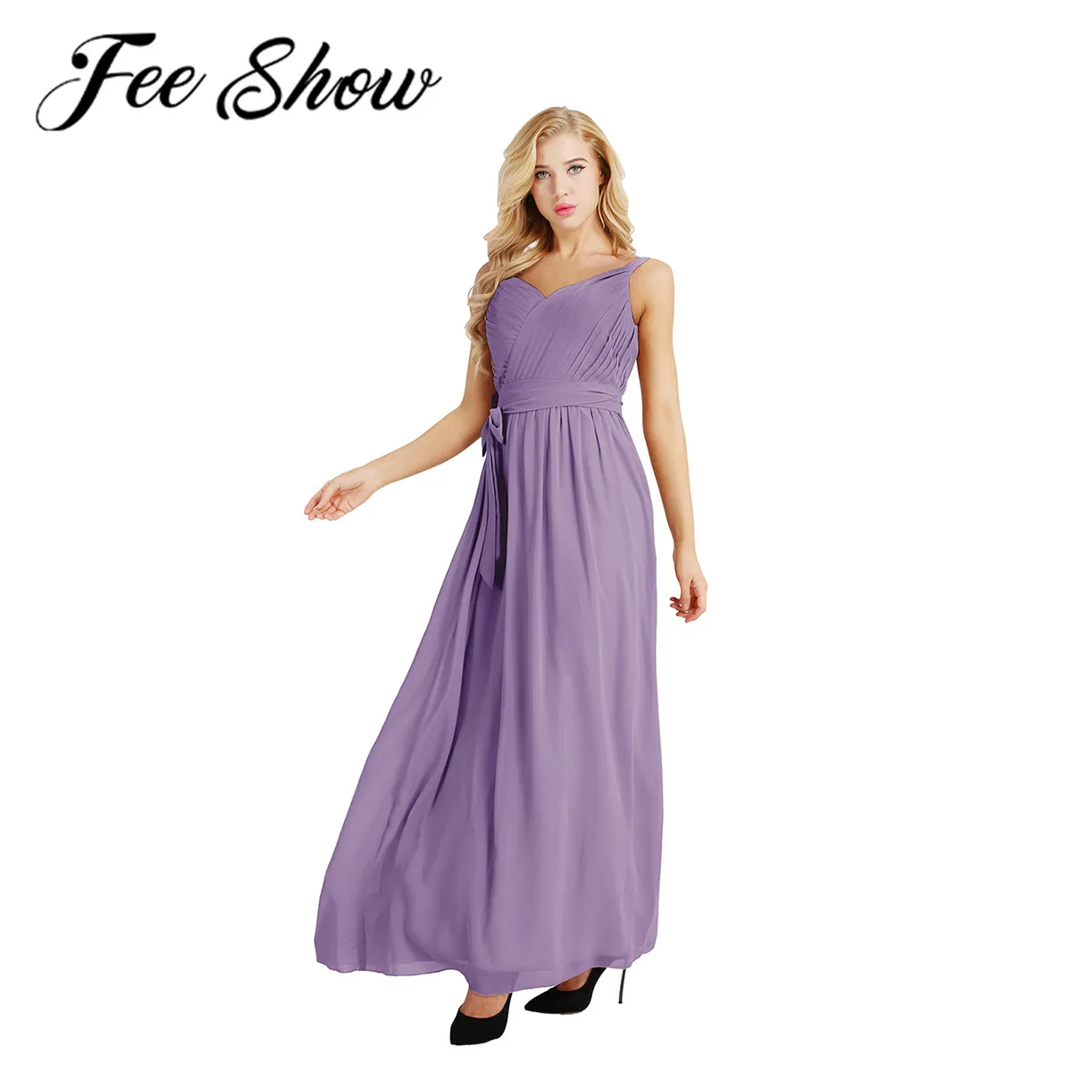 

Feeshow Women Sleeveless Pleated V Neck Chiffon Long Dress Female Ladies Elegant Wedding Bridesmaid Formal Party Dance Dresses