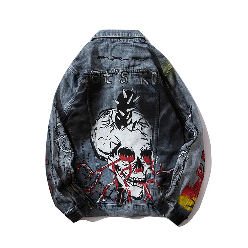 Модная винтажная серая джинсовая куртка в стиле Харадзюку с черепом ретро рок
