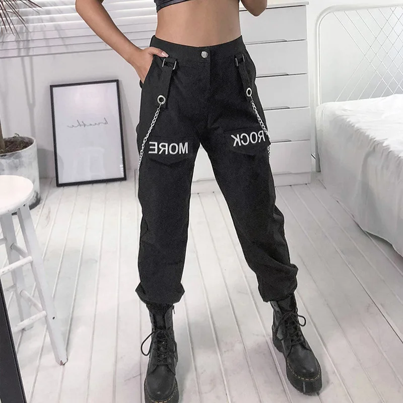 

2019 Streetwear Chain Patchwork Pants Women Autumn High Waist Cargo Pants Fashion Letter Printed Pockets Hip Hop Trousers Femme