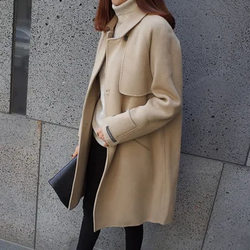 

Office Lady Loose Long Woolen Winter Coats Double Breasted Wool Coat And Jacket Turn-down Collar Ladies Coats