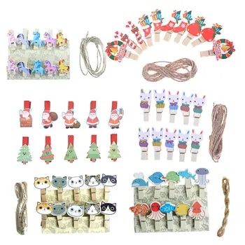 

10pcs Mini Unicorn Sea Fish Cat Wooden Clips With Hemp Rope Nice Food Clip Kawaii Wood Paper Clip For Bag Students' DIY Tools