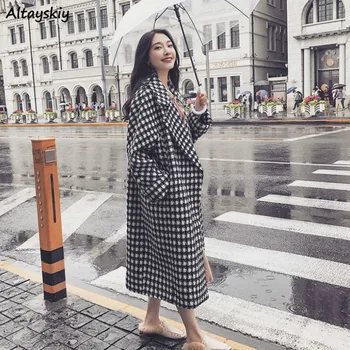 

Plaid Wool Women Vintage Classic Long Coat Autumn Winter Pockets Elegant Ladies All-match Casual Streetwear Trendy Chic Korean