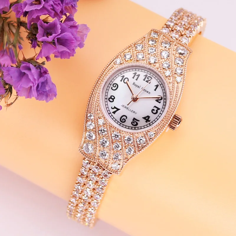 

Prong Setting Royal Crown Lady Women's Watch Japan Quartz Jewelry Hours Fine Fashion Retro Luxury Rhinestones Girl Gift
