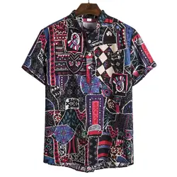 2019 мужские рубашки с длинным рукавом модная Мужская винтажная, этнический стиль Печать Свободный короткий рукав Стенд воротник
