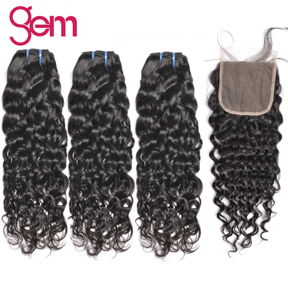 

Indian Water Wave with Closure 3Pcs Human Hair Bundles with Middle Part Lace Closure with Baby Hair GEM Beauty Non-Remy Weave 1B