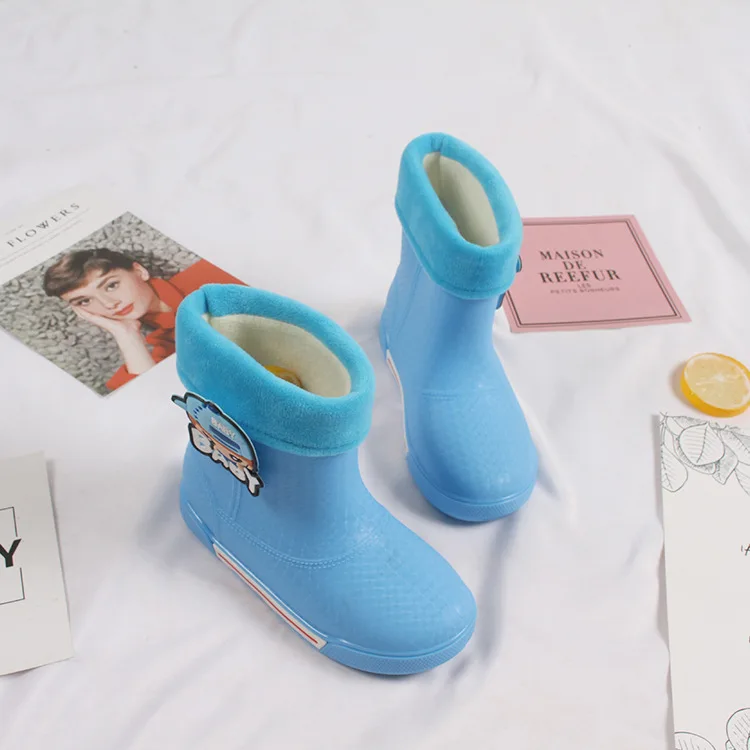 Kids Rainboots Pure Candy Color Embroidered Waterproof Antiskid Detachable Cotton Baby Boys Girls Slip-on Children Rain Boots