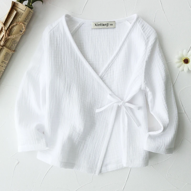 Cotton Girls Japanese White Shirts Spring New Children Long-Sleeve V-neck Bandage Cardigan Casual Blouse Kids Clothes