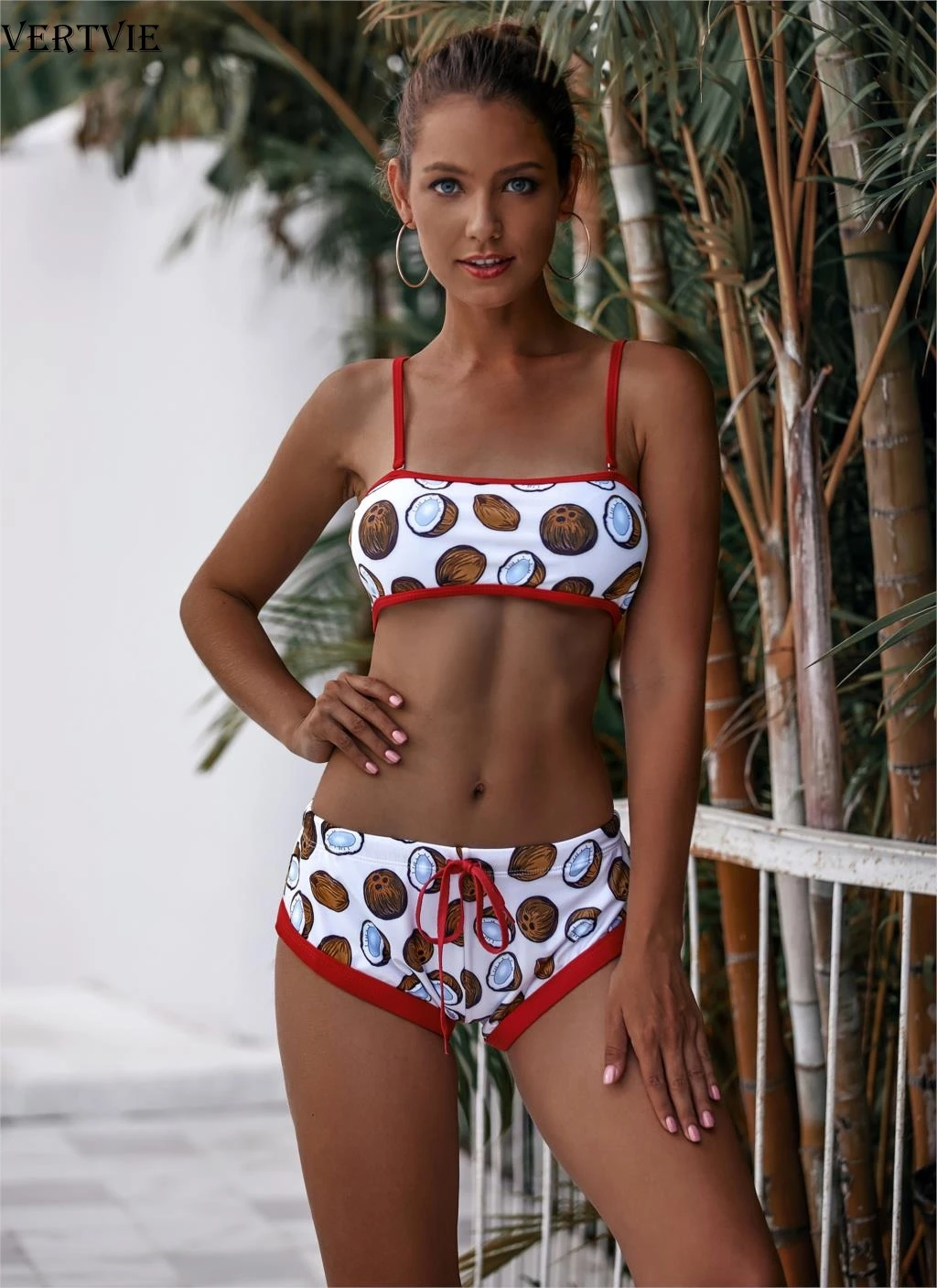 

VERTVIE 2 Piece Bandage Swimsuit High Waist Coconut Print Swim Bathing Suits Women Girls Swim Drawstring Bikini Push Up Swimwear