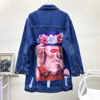 

Fashion Loose Beading long coat 2019 autumn new printed beaded denim windbreaker jacket female 2064