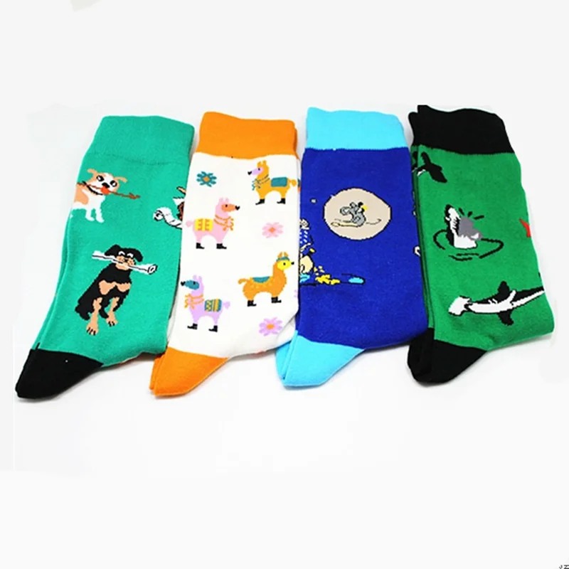 Cartoon Animal Fish Dog Zebra Shark Men Crew Socks Cotton Funny Streetwear Casual Fashion Happy Breathable Sock Winter Skarpetki