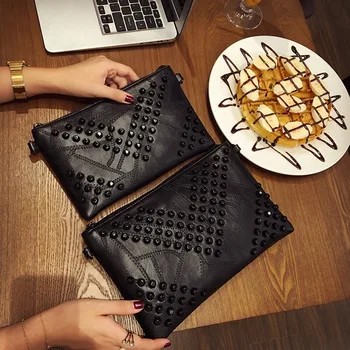 

Clutch bag women's spring and summer rivet envelope casual bag clutch soft leather retro punk style clutch bag