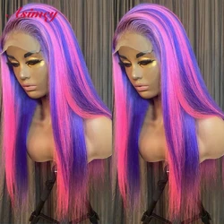 Asimey Straight Human Hair Wigs 13x4 Pink Blue Highlight 30 32 Inch 180% Pre Plucked Lace Front Branzilian Virgin Remy For Women