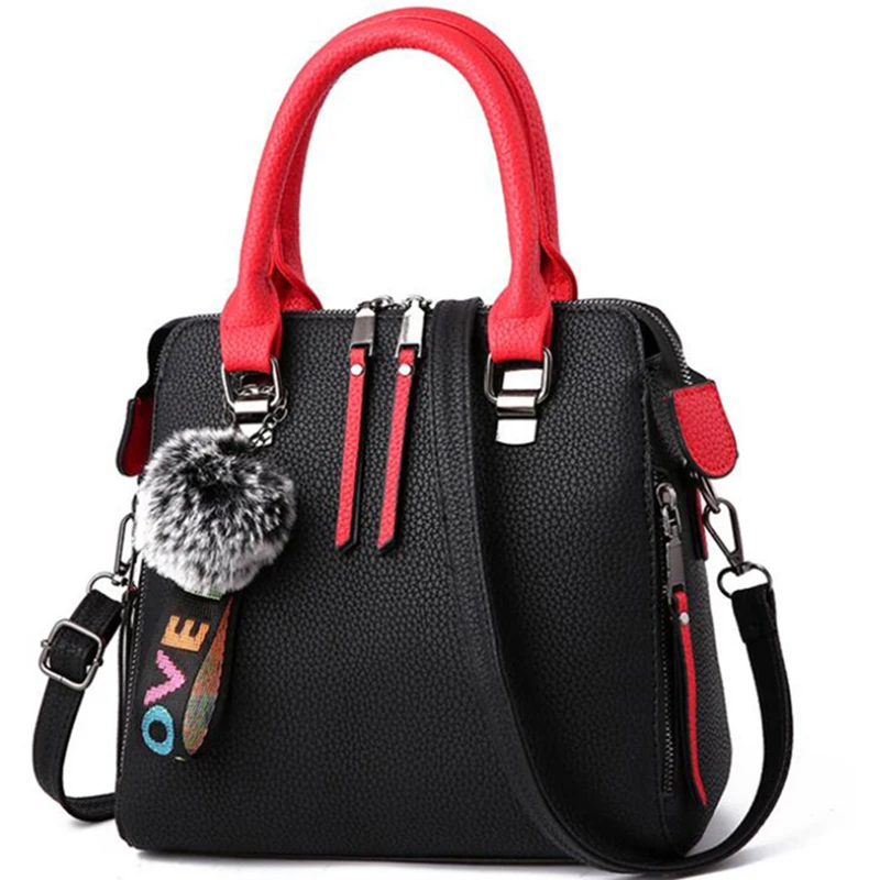 Женская сумка-мессенджер из искусственной кожи с меховым помпоном, женская сумочка с клапаном, сумка на плечо, одноцветные сумки(черный