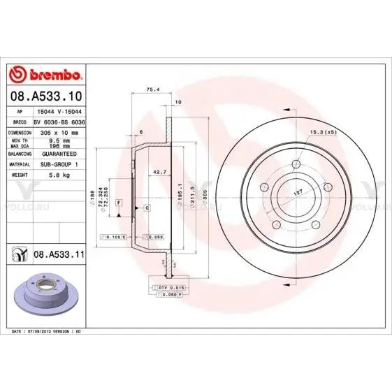 BREMBO Диск тормозной задн, JEEP: GRAND CHEROKEE II 98-05