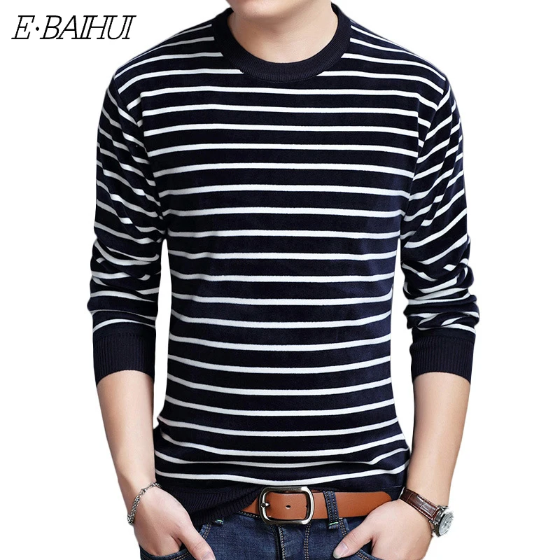 

E-BAIHUI 2020 Winter New Sweater Casual Men's Slim Plus Velvet Thick Striped Knitted Bottoming Shirt