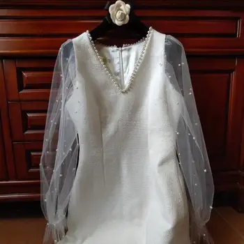 

celebrity elegant white tweed dress 2020 spring autumn women v-neck pearls beading patchwork sleeve mini dress Y650