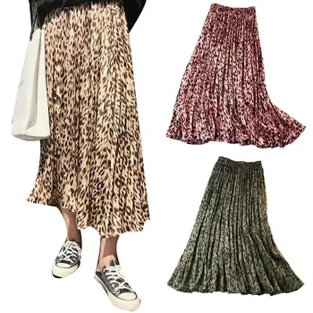 

Summer Beach Women Vintage Leopard Print Elastic Waist Pleated Swing Long Skirt