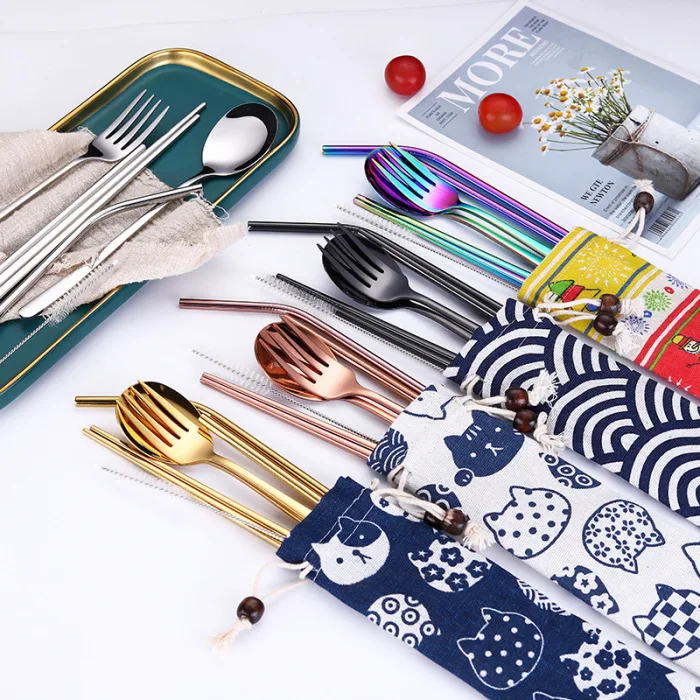 Stainless Steel Cutlery Set Five-piece Suit Linen Bag Tableware Travel Outdoor Office Picnic Barbecue D6