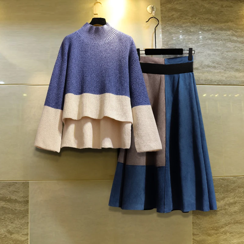 

Plus Size Two Piece Sets Women Autumn Winter Hit Color Low High Design Half Turtleneck Sweater and Suede Skirt 2 Piece Sets
