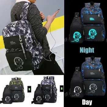 

Luminous Animation Backpack For Boy Girl Teenager USB Charge Oxford Backpacks Fashion Shoulder bag Student Backpack+Chest Bag