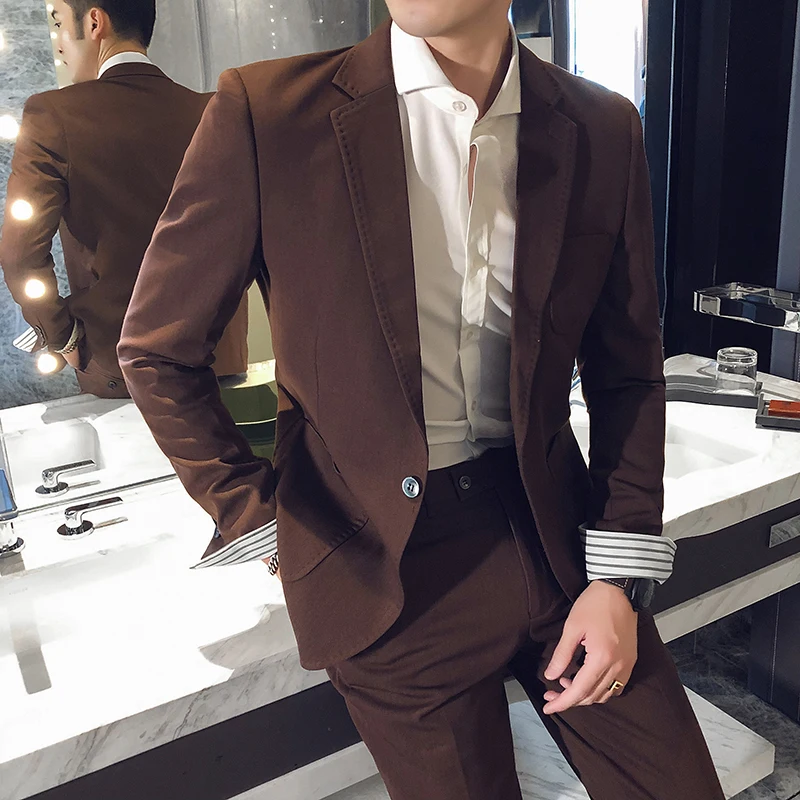 

British Style Suit Men Fashion 2020 Spring New Mens Suits with Pants Slim Fit Fake-2Piece Wedding Suits For Men Formal Wear 3XL