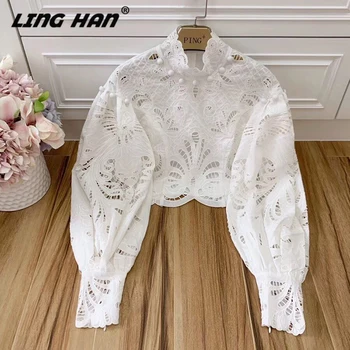 

LINGHAN Sexy Hollow Out Linen Short Blouse Elegant Embroidery Lantern Sleeve Top shirt Designer Spring Summer Runway New