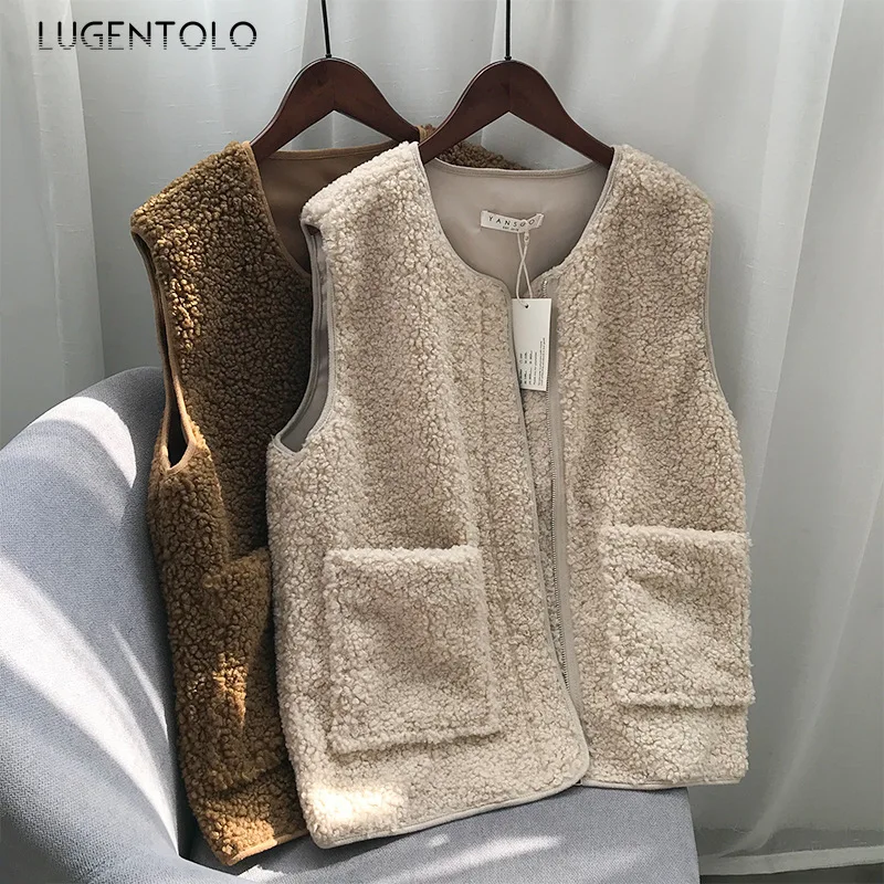 Lugentolo, женский жилет, зимний,, шерсть, корейский, простой, плюшевый, уютный, свободный, куртки, Повседневный, модный, без рукавов, однотонный, женский жилет