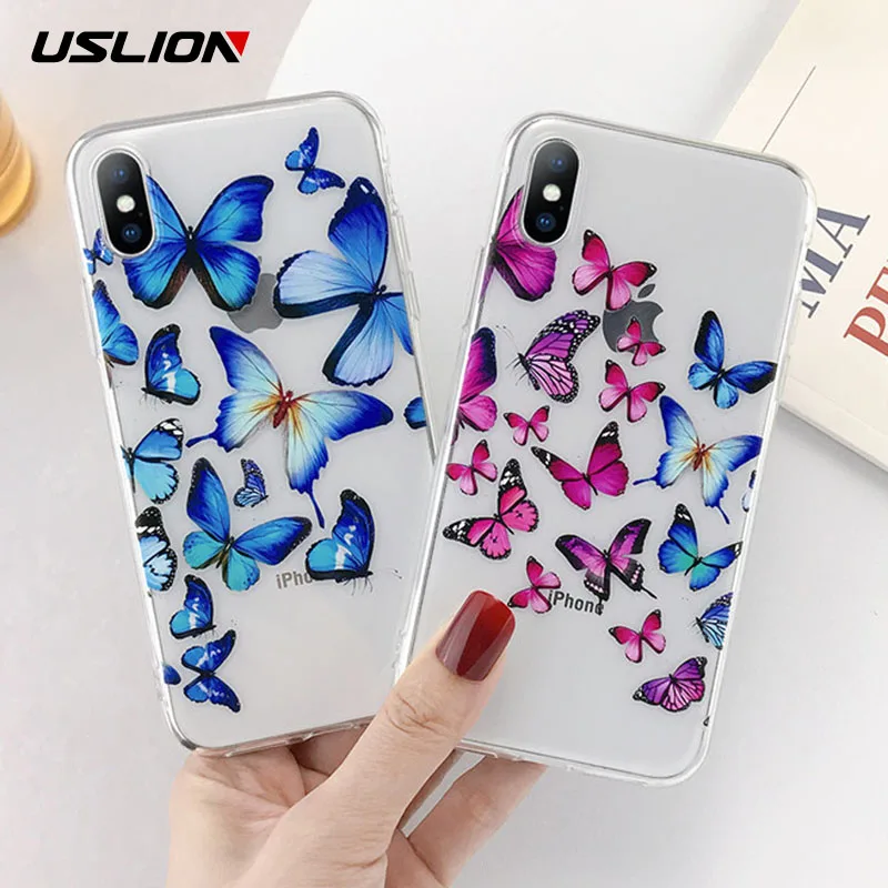 Прозрачный чехол USLION с бабочками для iPhone 11 Pro Max Xs XR X мягкая задняя крышка из ТПУ 5 6