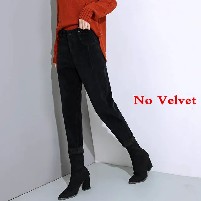 Black no velvet Осенне-зимние вельветовые штаны-шаровары с высокой талией для женщин, большие размеры, свободные черные брюки, женские длинные вельветовые брюки, женские спортивные штаны - Цвет: Black no velvet