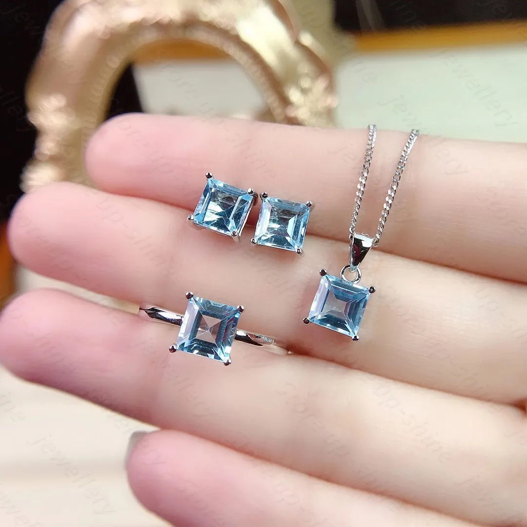 

Natural Blue Topaz 7Carats Natural Topaz Jewelry Sets Solid 925 Sterling Silver Gemstone Fine Jewelry Gift Sets