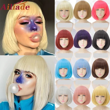

AILIADE Straight Black Synthetic Wigs With Bangs For Women short Hair Bob Wig Heat Resistant bobo Hairstyle Cosplay wigs