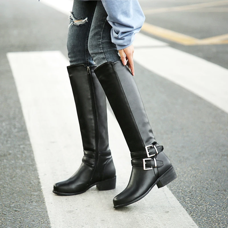 Smirnova hot sale big size 47 winter riding boots women round toe buckle zip low heels casual shoes women knee high boots