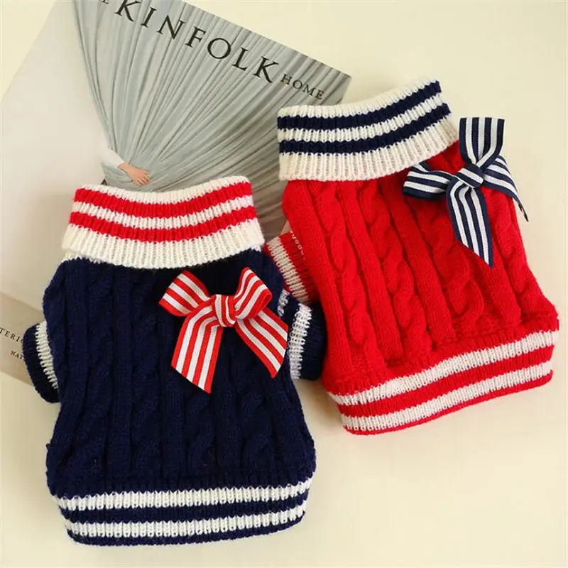 Bow-tie Pet Winter Dog Jumpper Sweaters Striped Navy Style Dogs Pullover For Small Dog Teddy Bomei Cat Clothing XXS XS S M L