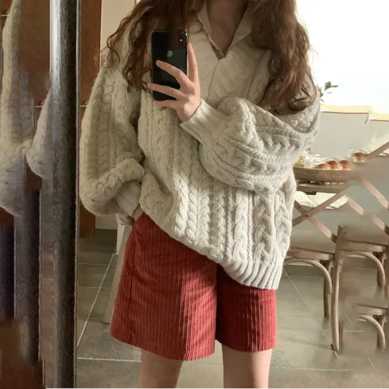 Snordic Women Autumn V Neck Lantern Sleeve Oversized Twist Sweater Female Knitted Pullover Jumpers | Женская одежда