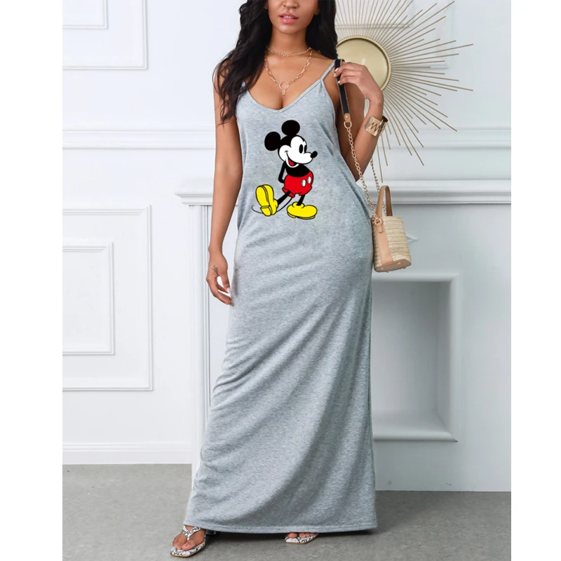 Disney vestido con estampado de Mickey Mouse y pato para mujer, ropa sexy con cuello de estampado, 2021|Vestidos| - AliExpress